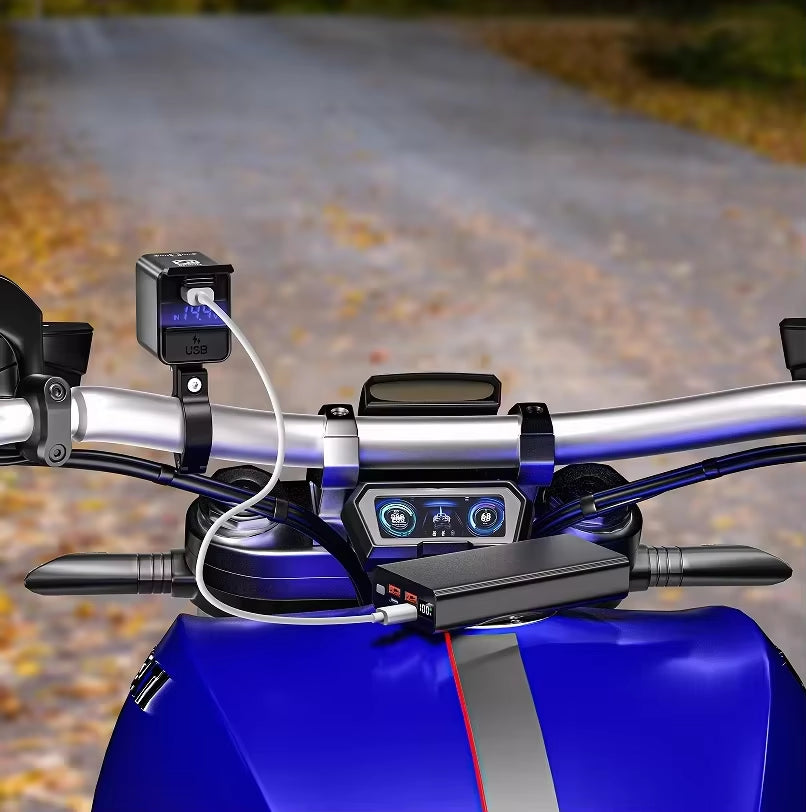 Motorcycle Phone Tablet USB Charger 100W Super Fast Emergency Two-Way Charging PD & QC3.0 Moto Battery Charger & Voltmeter