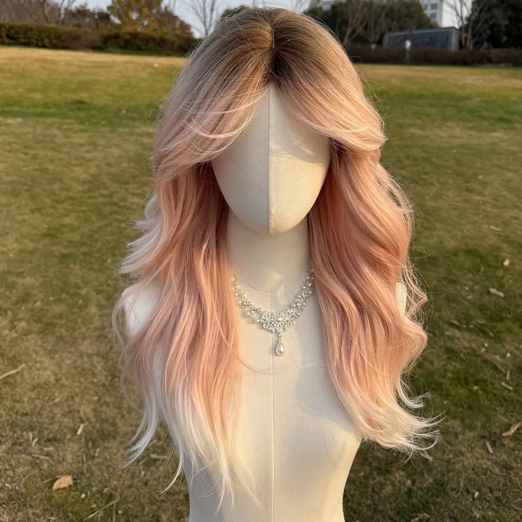 SMILCO 24" Ombre Pink Ash Brown Synthetic Wig, Glueless, Natural-Looking Scalp, Full Machine Cap, SM410 Adjustable Straps & Breathable Cap, Vibrant Color & Soft Texture