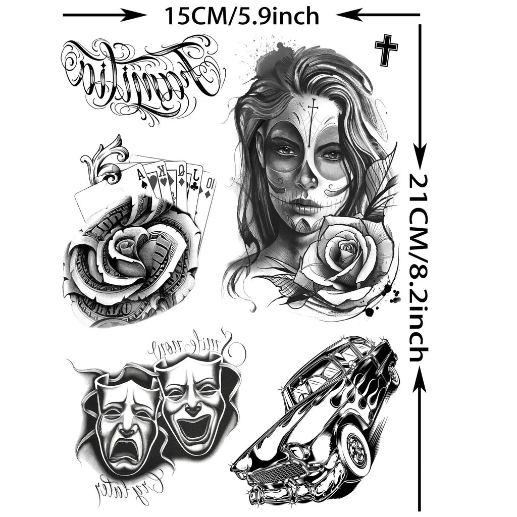 6 Sheets Large Chicano Temporary Tattoos for Men Women Adult,Chicana Guadalupe Gangster Fake Tattoos Prisoner Day of the Dead, Halloween Mexico Tattoo Stickers,Tatuajes Temporales Autocolante