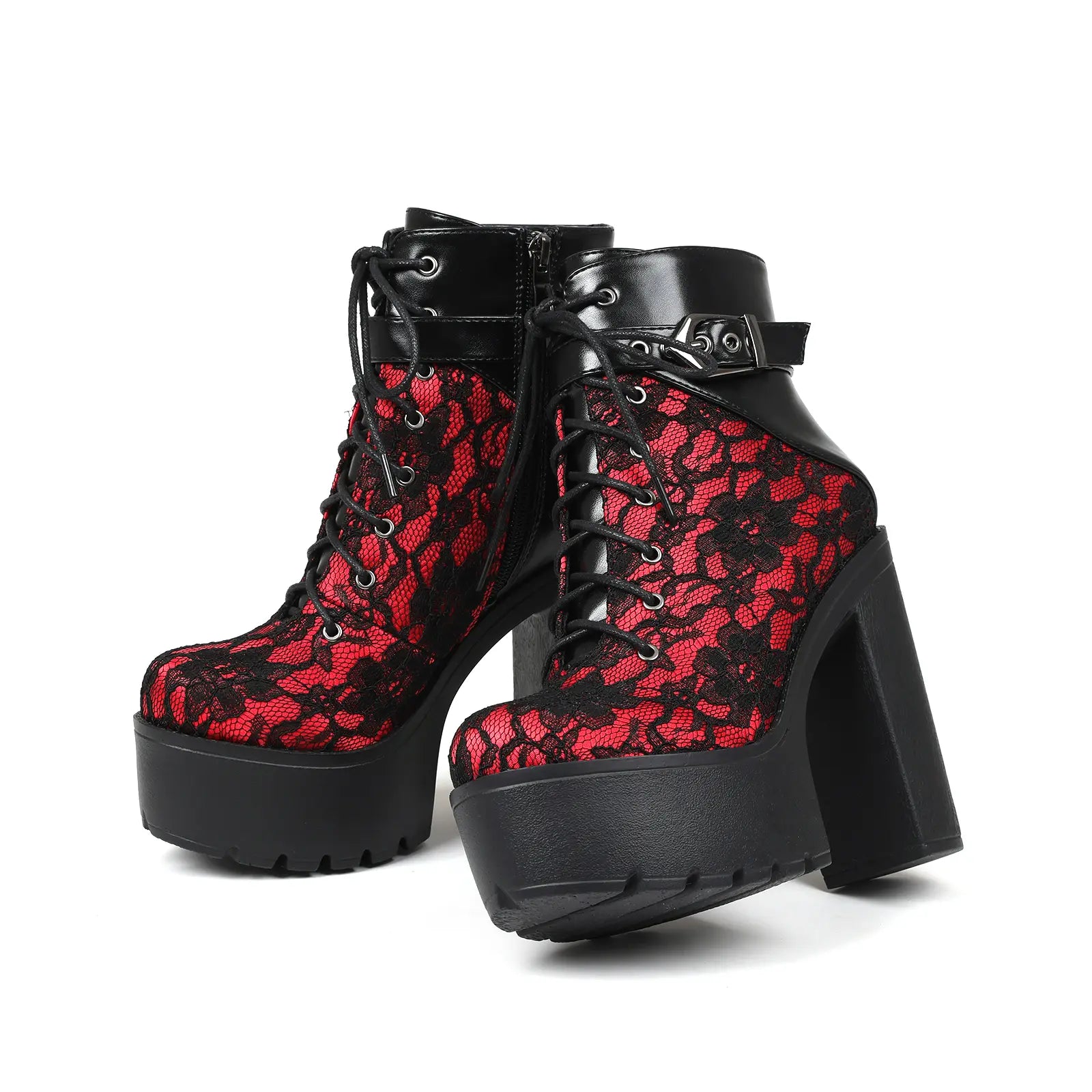 Ankle Boots for Women Platform Goth Boot round Toe Chunky Block High Heel Lace up Side Zipper Metal Buckle Victorian Lace Fashion Date Punk Rave Party Concert Combat Booties