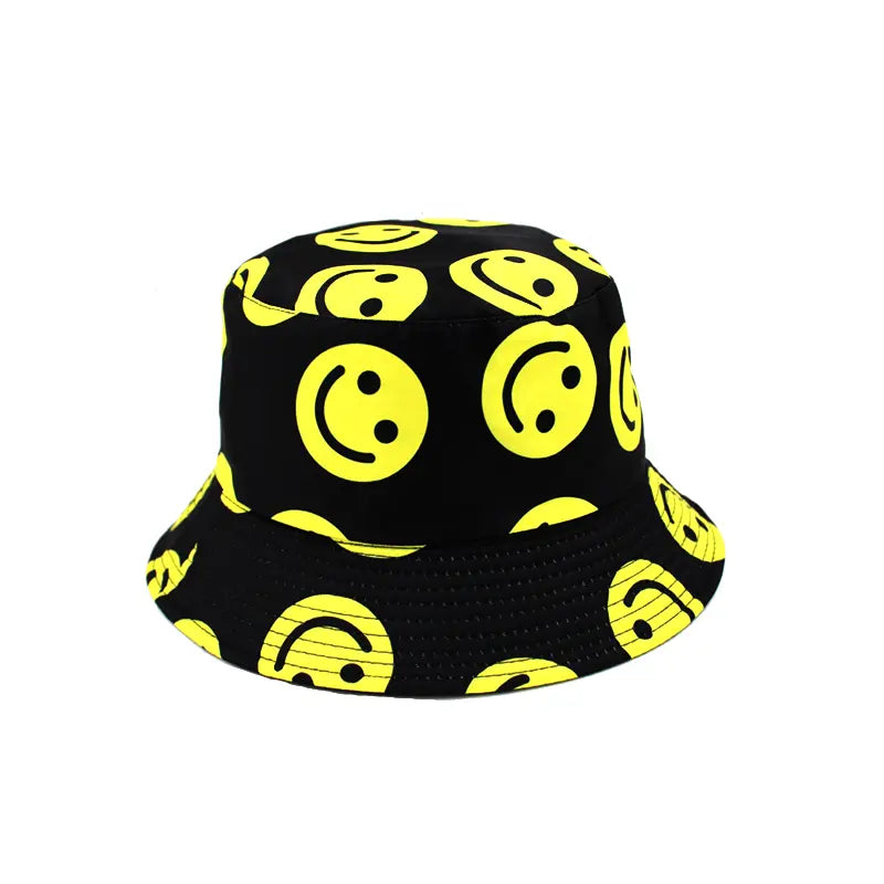Happy Face Hot Trendy Black Yellow Reversible Bucket Hat Smiley Face