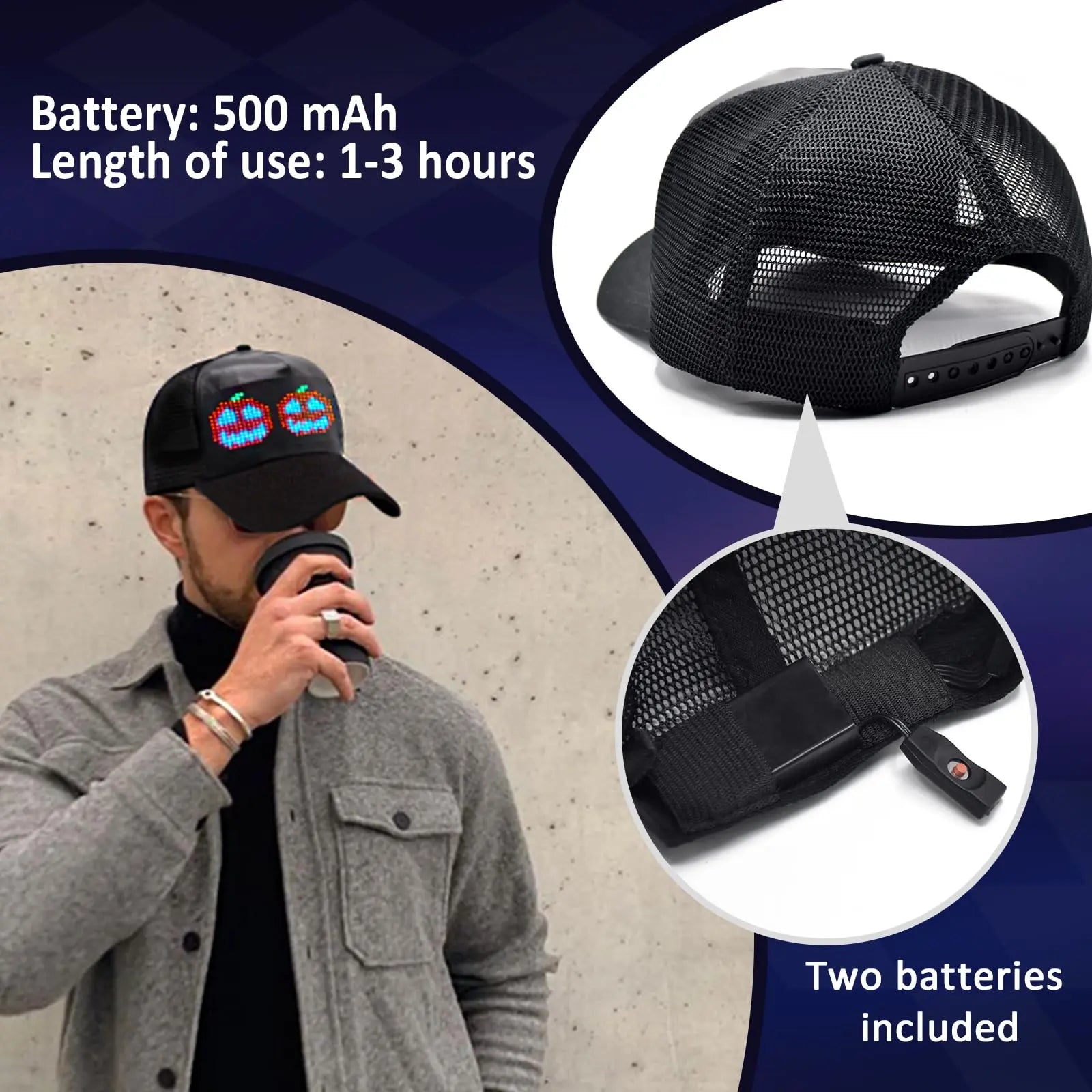 Iledshow Customizable LED Hat Baseball Cap with Bluetooth – Display Your Message in Full Color! 16×32 Bright Perfect for Parties, Events, and Gifts