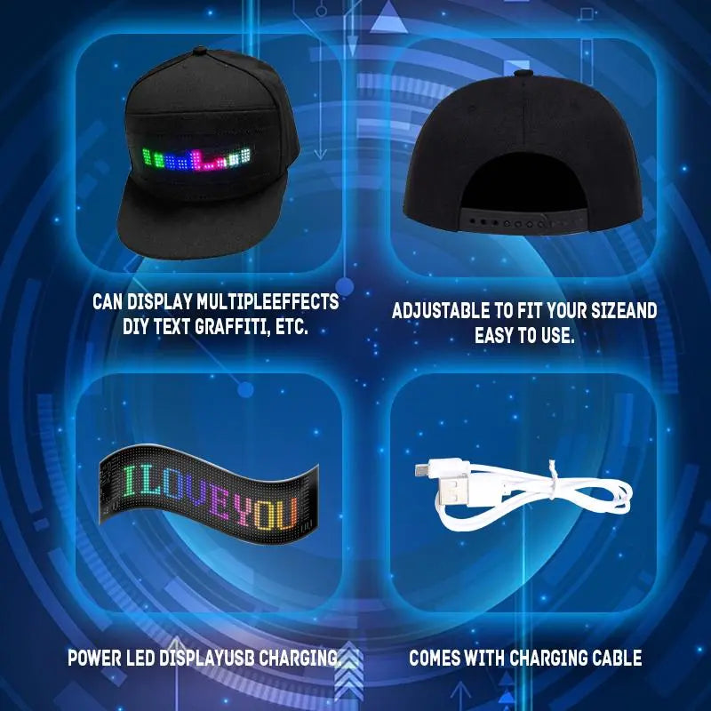 LED Bluetooth Hat DIY Gift, Bluetooth APP Controlled, Edited LED Display Hat LED Luminous Words (Text, Music, Images, Paintings) Suitable for Party Club Festivals