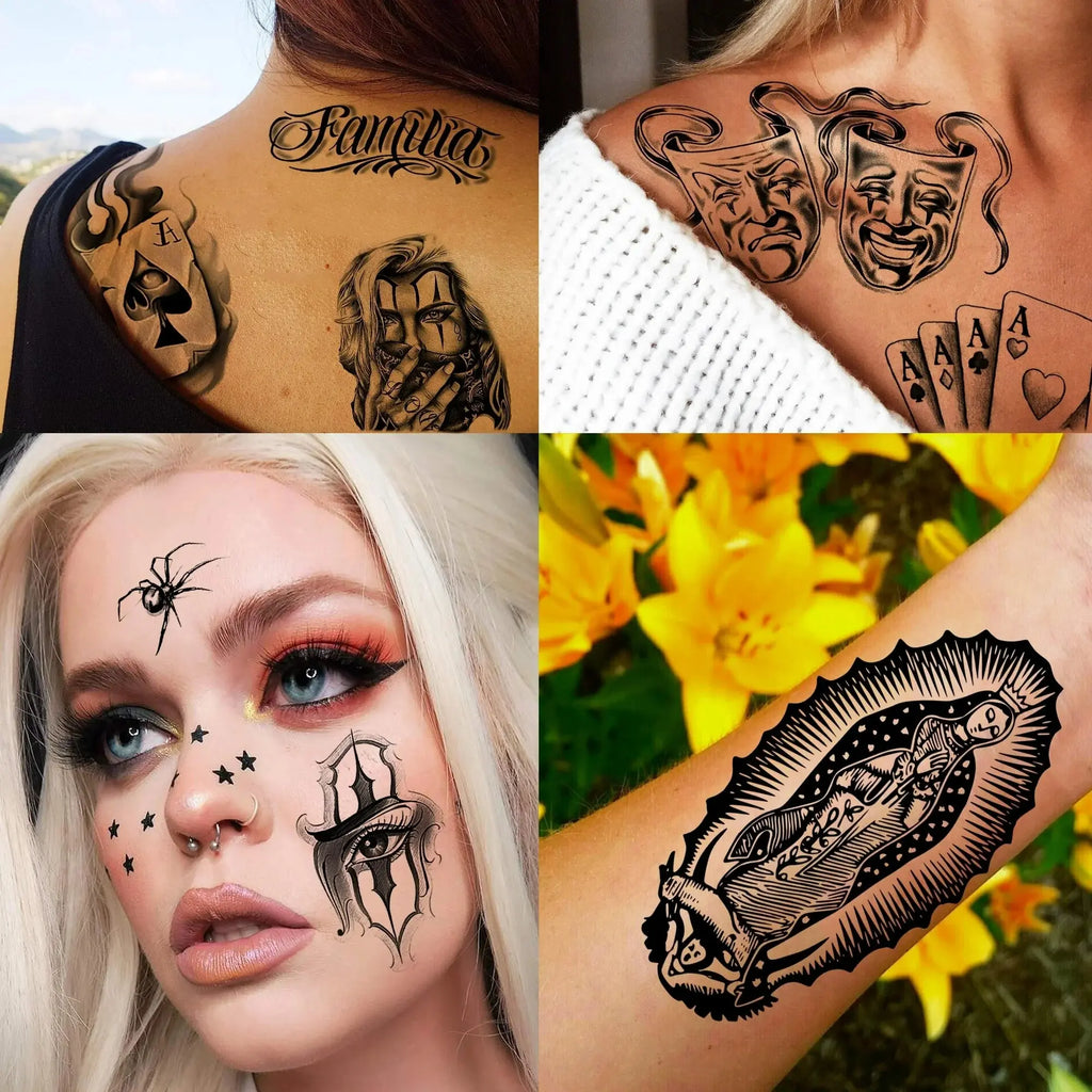 6 Sheets Large Chicano Temporary Tattoos for Men Women Adult,Chicana Guadalupe Gangster Fake Tattoos Prisoner Day of the Dead, Halloween Mexico Tattoo Stickers,Tatuajes Temporales Autocolante