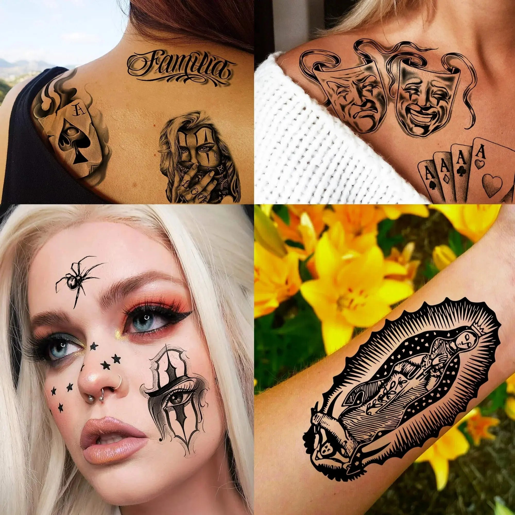 6 Sheets Large Chicano Temporary Tattoos for Men Women Adult,Chicana Guadalupe Gangster Fake Tattoos Prisoner Day of the Dead, Halloween Mexico Tattoo Stickers,Tatuajes Temporales Autocolante