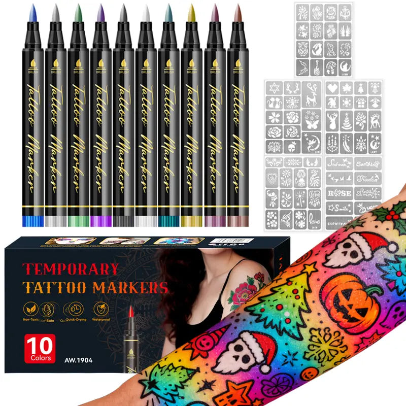 Temporary Tattoo Markers for Skin 10-Count Body Markers 10 Colors Tattoo Pens Waterproof Sweatproof Long-Lasting Body Art Markers for DIY Designs Easy to Remove Washable Body Painting Perfect for Parties and Festive Gifts
