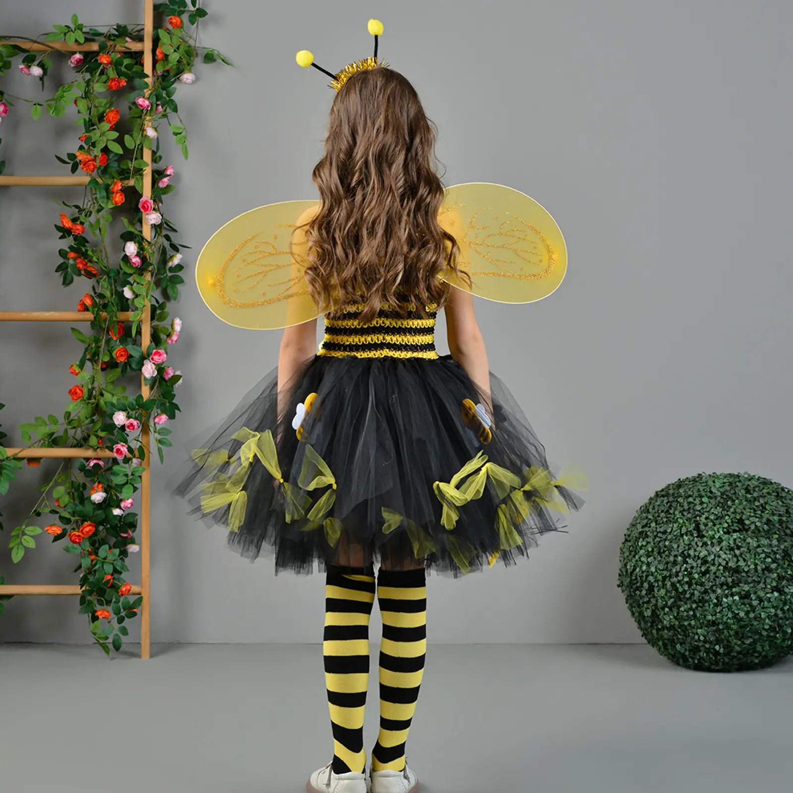 Toddler Kids Girls Halloween Cosplay Bee Costume Sleeveless Tulle Dress Headband Leg Warmers Wand Wing Sets for Rave Cosplay Party