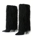 Black Luxe Faux Fur Boot Heels – Plush Knee-High Faux Fur, Sleek Stiletto Heel, Soft Interior, Slip-On Comfort, Perfect for Parties & Night Out Women’S Footwear