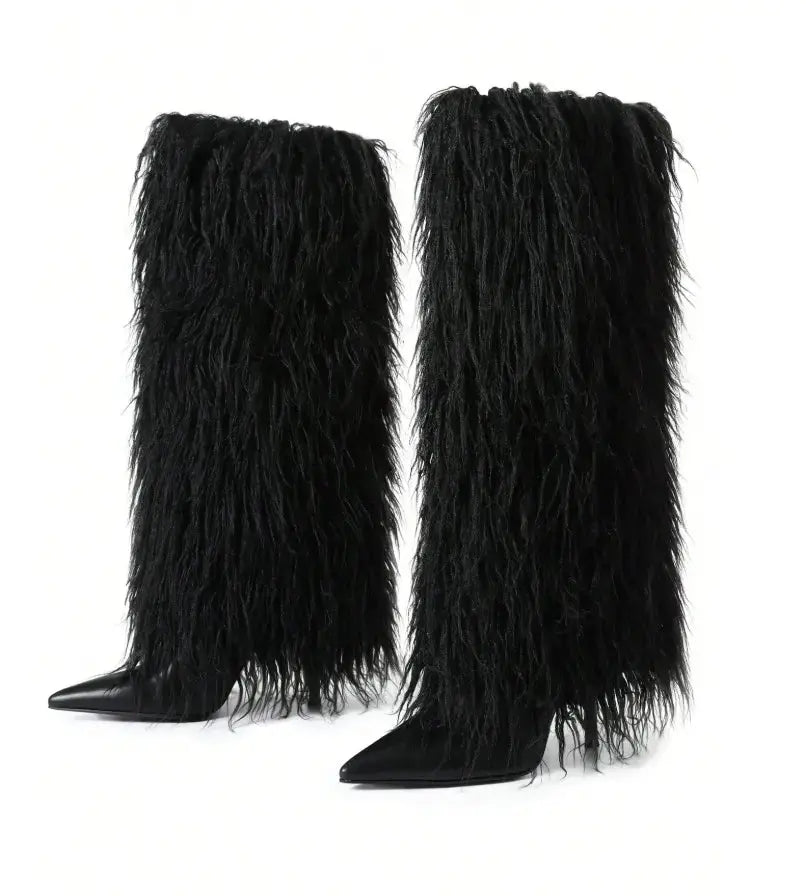 Black Luxe Faux Fur Boot Heels – Plush Knee-High Faux Fur, Sleek Stiletto Heel, Soft Interior, Slip-On Comfort, Perfect for Parties & Night Out Women’S Footwear