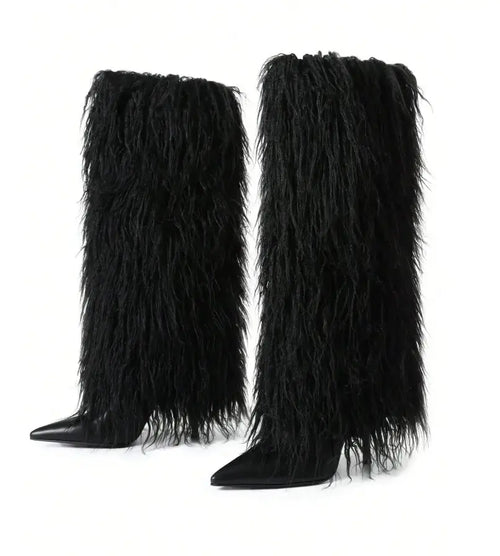 Black Luxe Faux Fur Boot Heels – Plush Knee-High Faux Fur, Sleek Stiletto Heel, Soft Interior, Slip-On Comfort, Perfect for Parties & Night Out Women’S Footwear