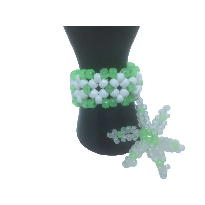 2 Glow Green Kandi Mini Cuff Rave Bracelet W/Bead Snowflake Charm of Glow in Dark Mini Pony Beads EDC