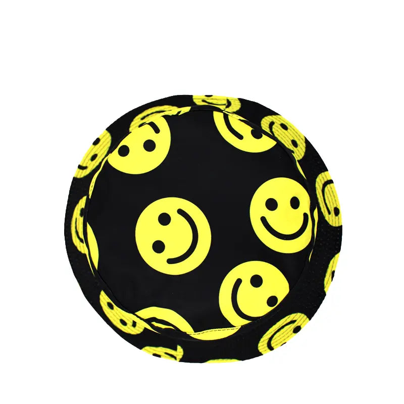 Happy Face Hot Trendy Black Yellow Reversible Bucket Hat Smiley Face