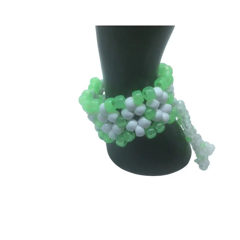 2 Glow Green Kandi Mini Cuff Rave Bracelet W/Bead Snowflake Charm of Glow in Dark Mini Pony Beads EDC