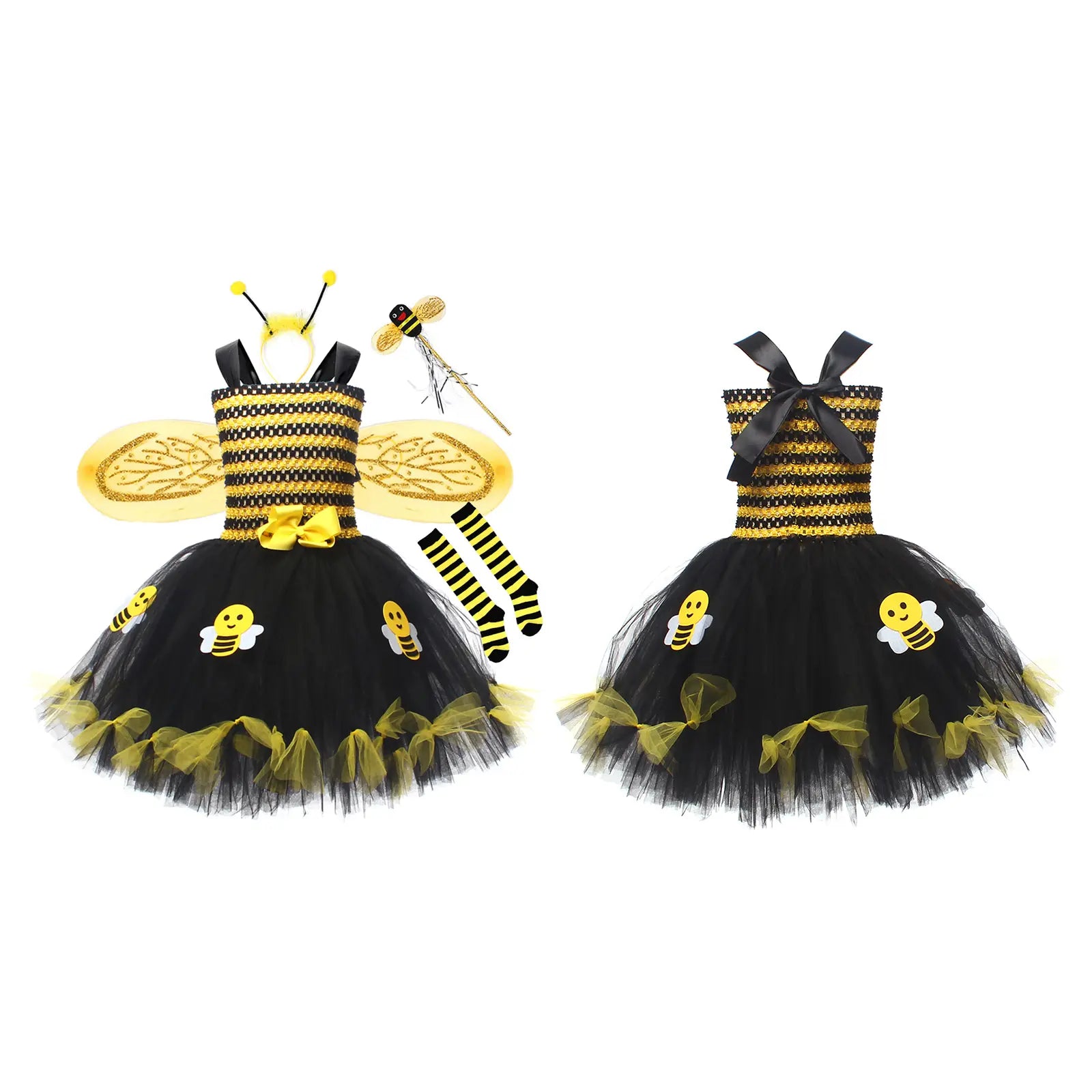 Toddler Kids Girls Halloween Cosplay Bee Costume Sleeveless Tulle Dress Headband Leg Warmers Wand Wing Sets for Rave Cosplay Party