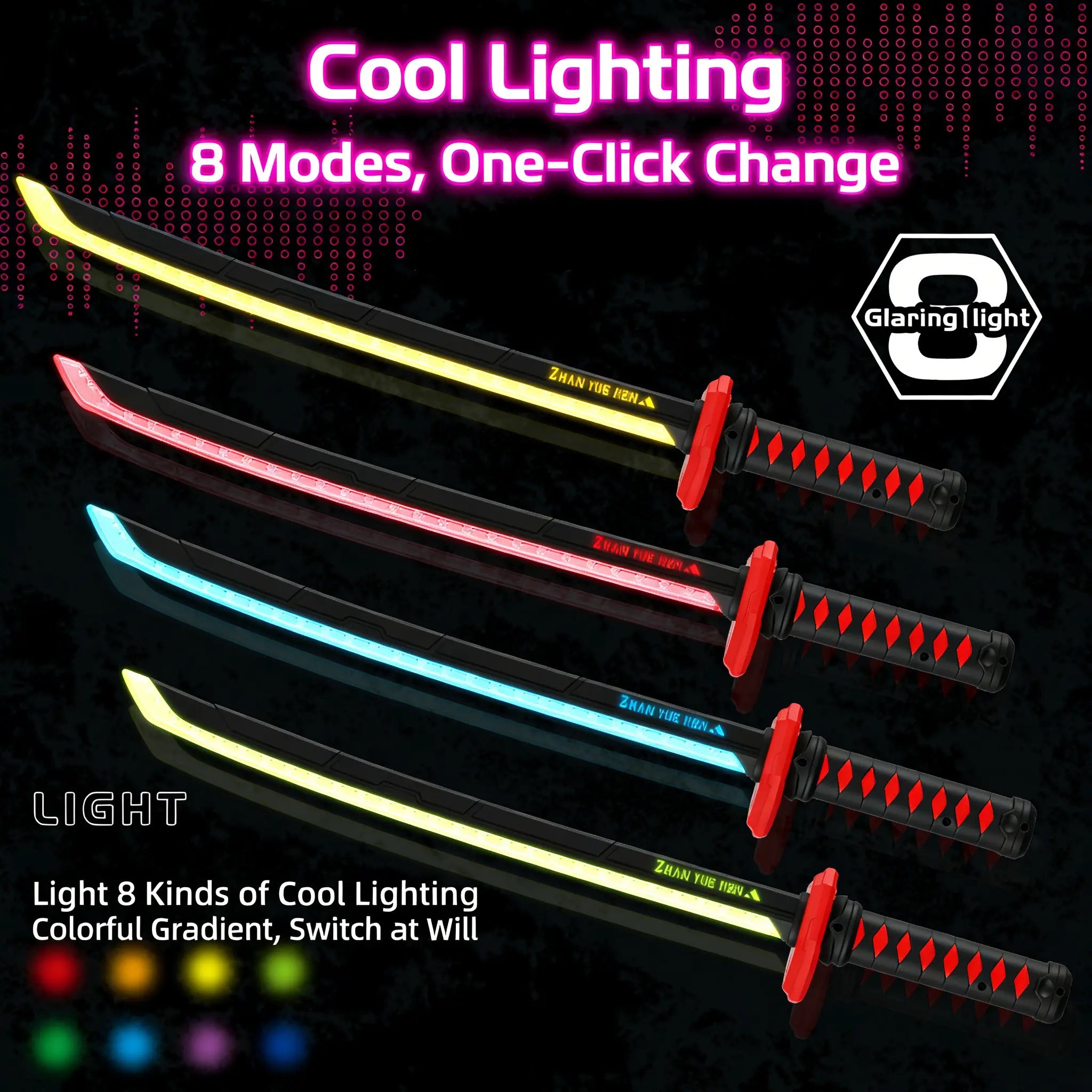 LED Lightsaber Spark Sword Toy – 23" Neon Glowing Blade with Sound & Fog, Eight-Color Streaming Light Effect USB-C Rechargeable Cosplay Weapon for Kids, Halloween Rave Party