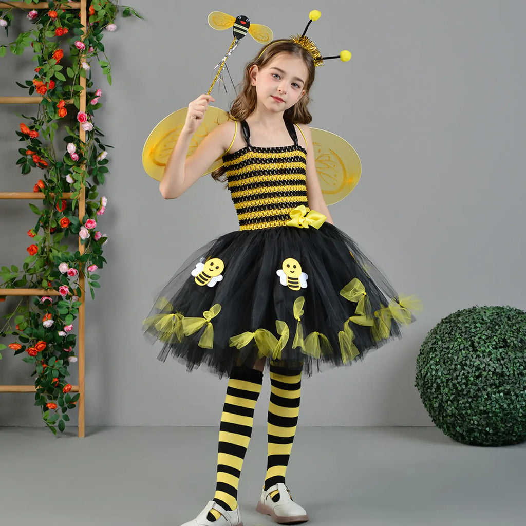 Toddler Kids Girls Halloween Cosplay Bee Costume Sleeveless Tulle Dress Headband Leg Warmers Wand Wing Sets for Rave Cosplay Party