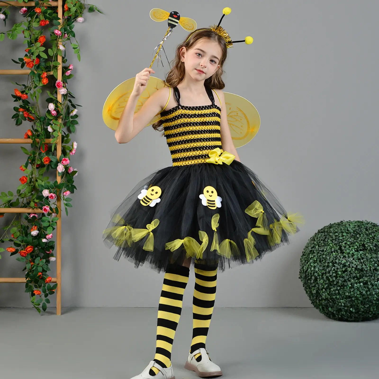 Toddler Kids Girls Halloween Cosplay Bee Costume Sleeveless Tulle Dress Headband Leg Warmers Wand Wing Sets for Rave Cosplay Party