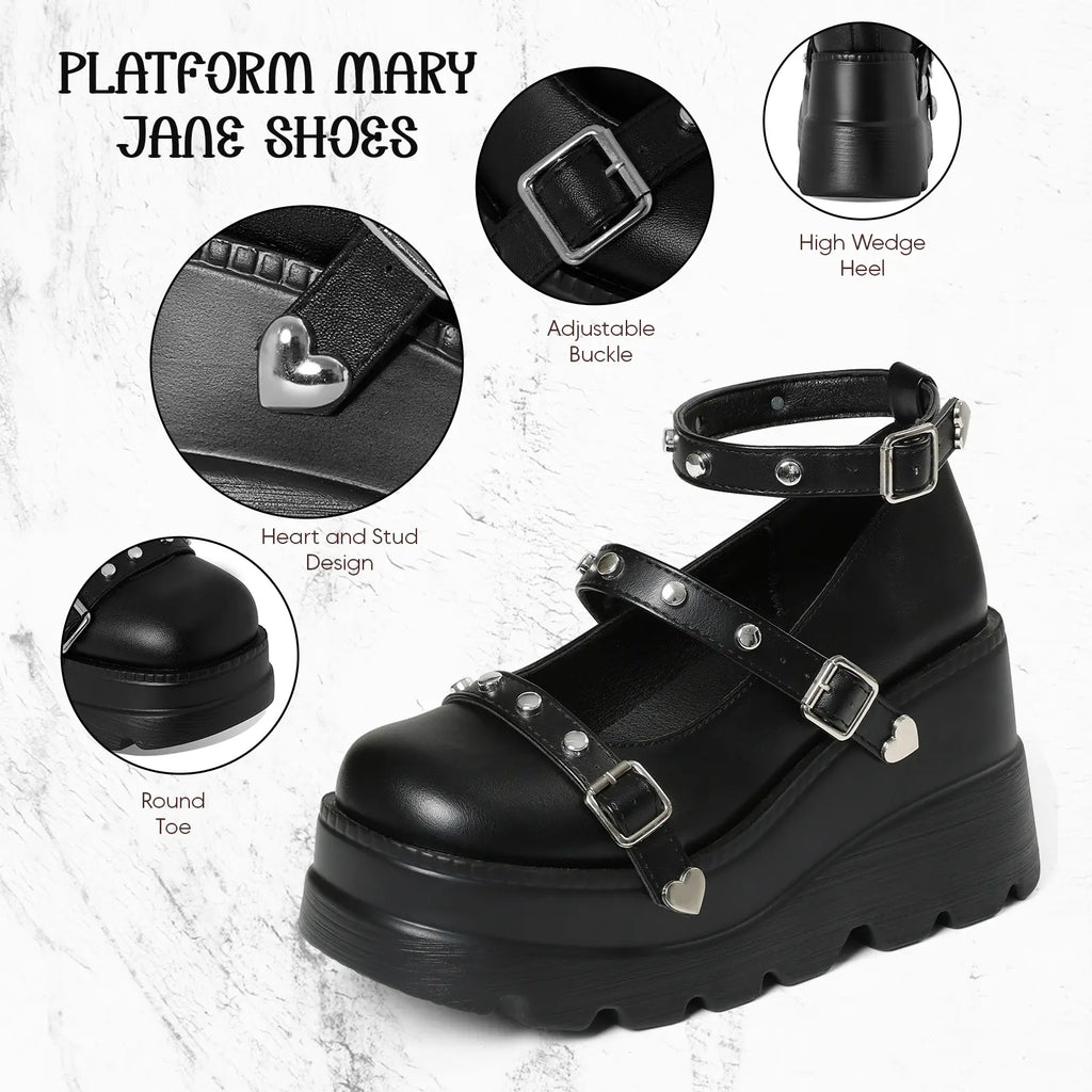 Platform Ankle Boots for Women Goth Boot round Toe Ankle Strap Buckle Heart Studs Fashion Rave Punk Concert Night Club Jennifers Body Trendy Gothic Short Booties