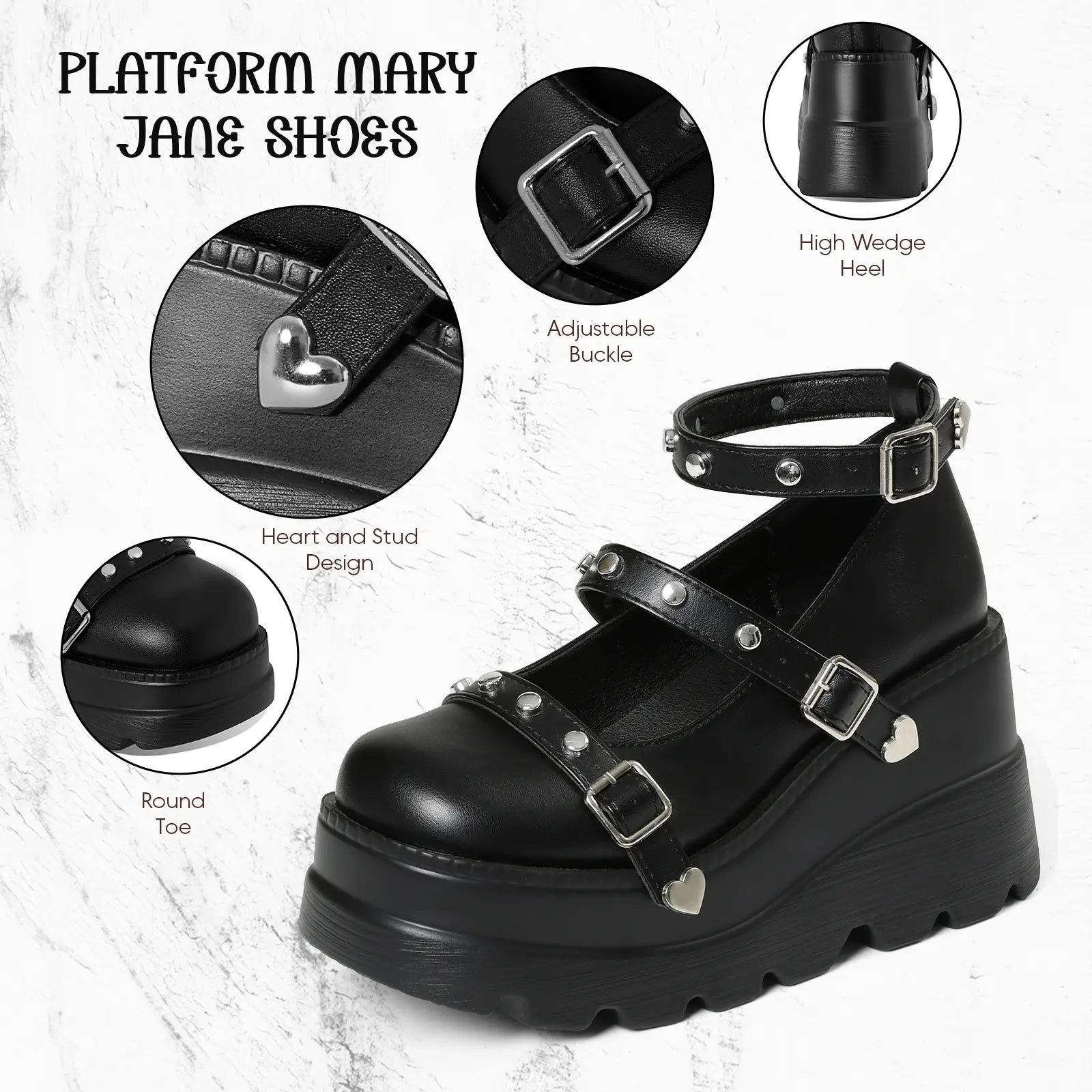 Platform Ankle Boots for Women Goth Boot round Toe Ankle Strap Buckle Heart Studs Fashion Rave Punk Concert Night Club Jennifers Body Trendy Gothic Short Booties