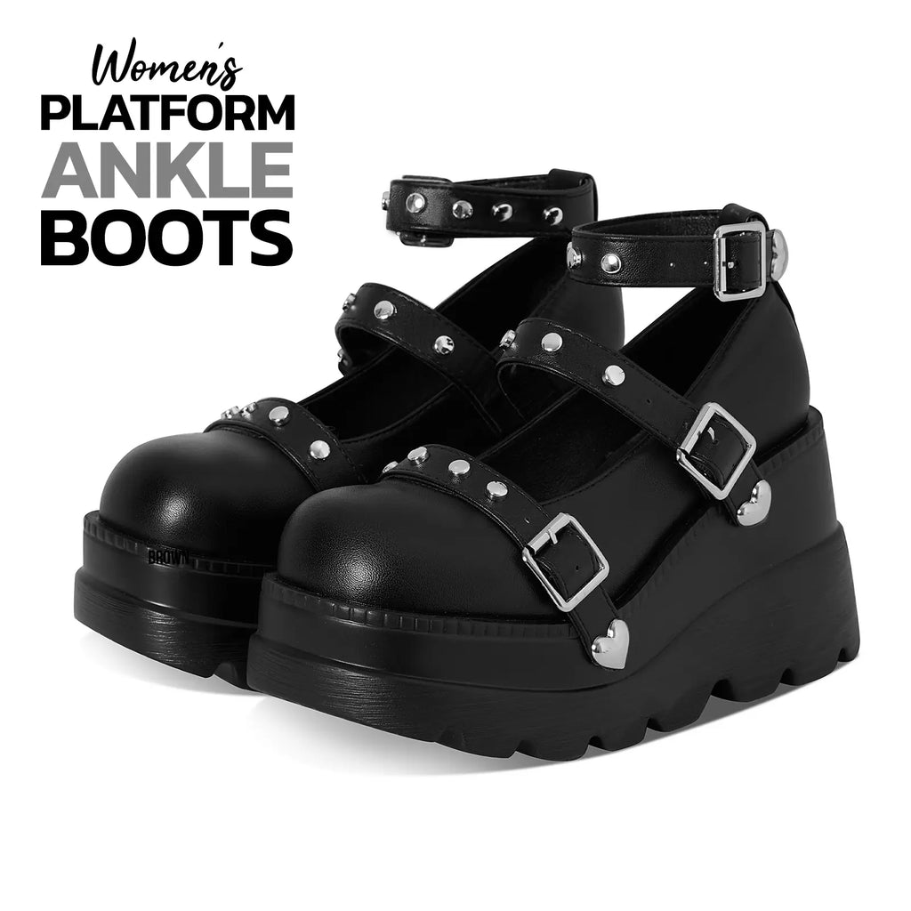 Platform Ankle Boots for Women Goth Boot round Toe Ankle Strap Buckle Heart Studs Fashion Rave Punk Concert Night Club Jennifers Body Trendy Gothic Short Booties