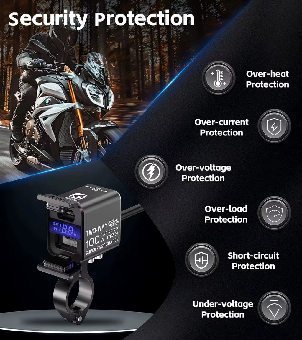 Motorcycle Phone Tablet USB Charger 100W Super Fast Emergency Two-Way Charging PD & QC3.0 Moto Battery Charger & Voltmeter