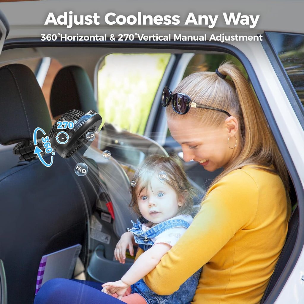 2025 Upgarded 4000Mah Misting Baby Stroller Fan, Rechargeable Battery Operated,Max 15Hrs Cooling,50Ml Portable Water Sprayer Misting Fan with Flexible Tripod Clip on Car Seat Crib Treadmill Bunk Bed