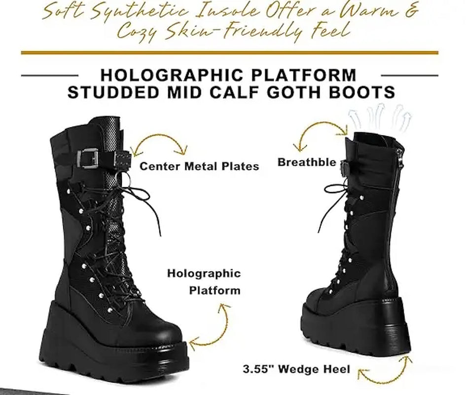 Womens Goth Platform Boots Chunky Wedge Heel Rave Combat Boots Lace up and Zipper round Toe Mid Calf Boot for Concert Festival