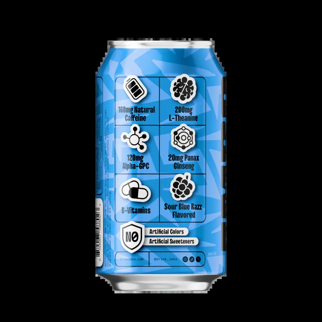 IMBA Sour Blue Razz Energy Drink - 12 Pack of 355 Ml Cans - Non GMO, Vegan, Gluten Free, No Artificial Colors or Sweeteners