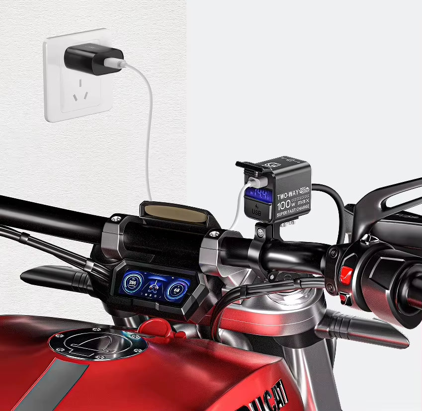 Motorcycle Phone Tablet USB Charger 100W Super Fast Emergency Two-Way Charging PD & QC3.0 Moto Battery Charger & Voltmeter