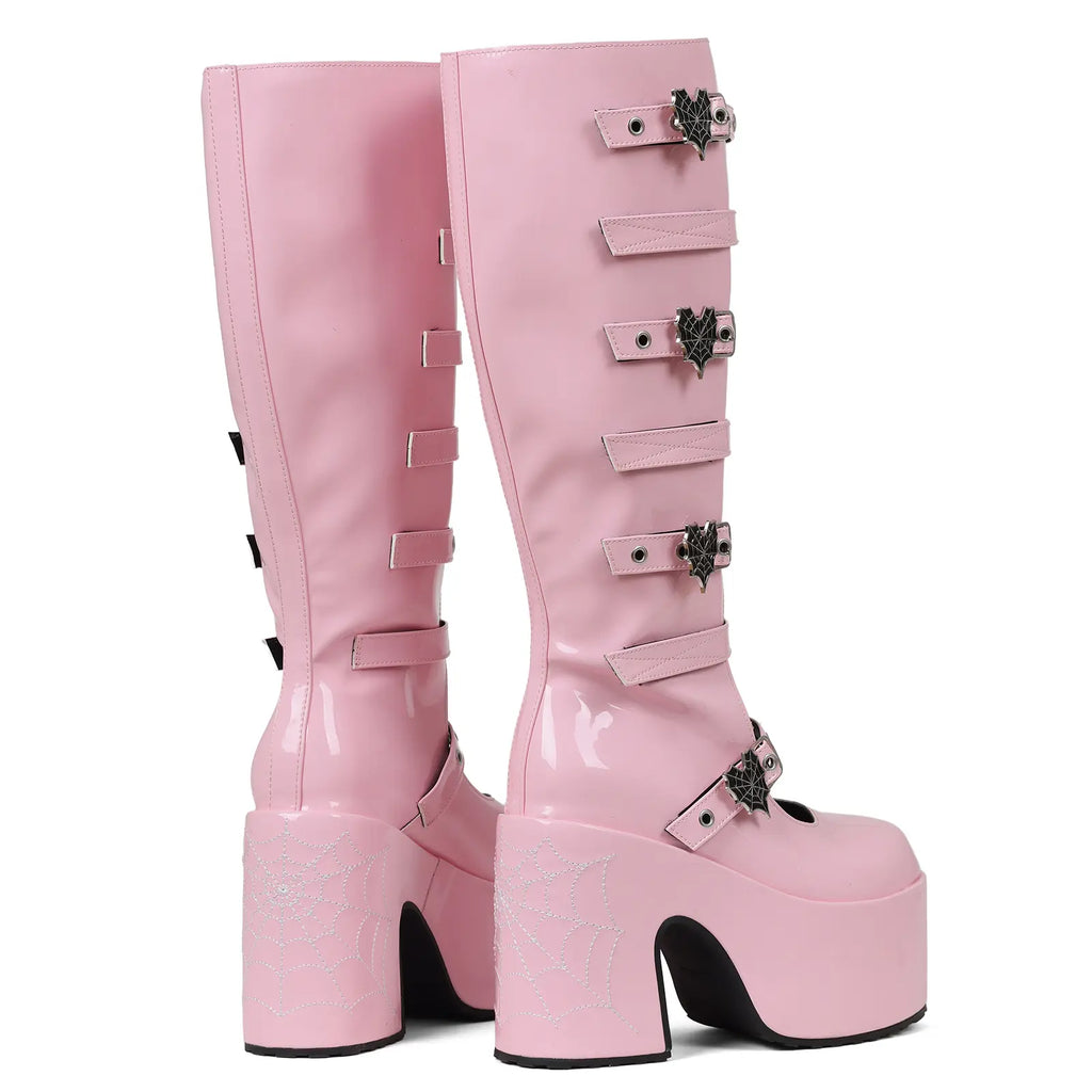 VIMISAOI Womens Platform Knee High Goth Boot round Toe Chunky Block High Heel Metal Buckles Spider Combat Motorcycle Punk Rave Party Fashion Boots