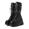 Womens Goth Platform Boots Chunky Wedge Heel Rave Combat Boots Lace up and Zipper round Toe Mid Calf Boot for Concert Festival