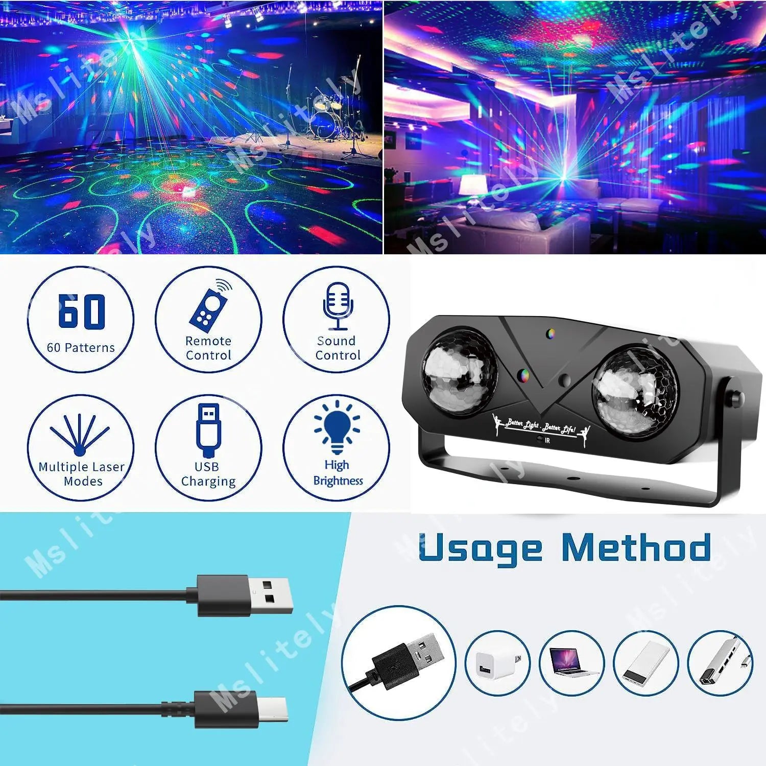 Mslitely Disco Ball Party Light, USB Powered Led Rgb Lights Sound Activated Disco Light with Star Light Projector, Ocean Light and Laser Light for Party DJ KTV Rave Club Wedding Home Decor