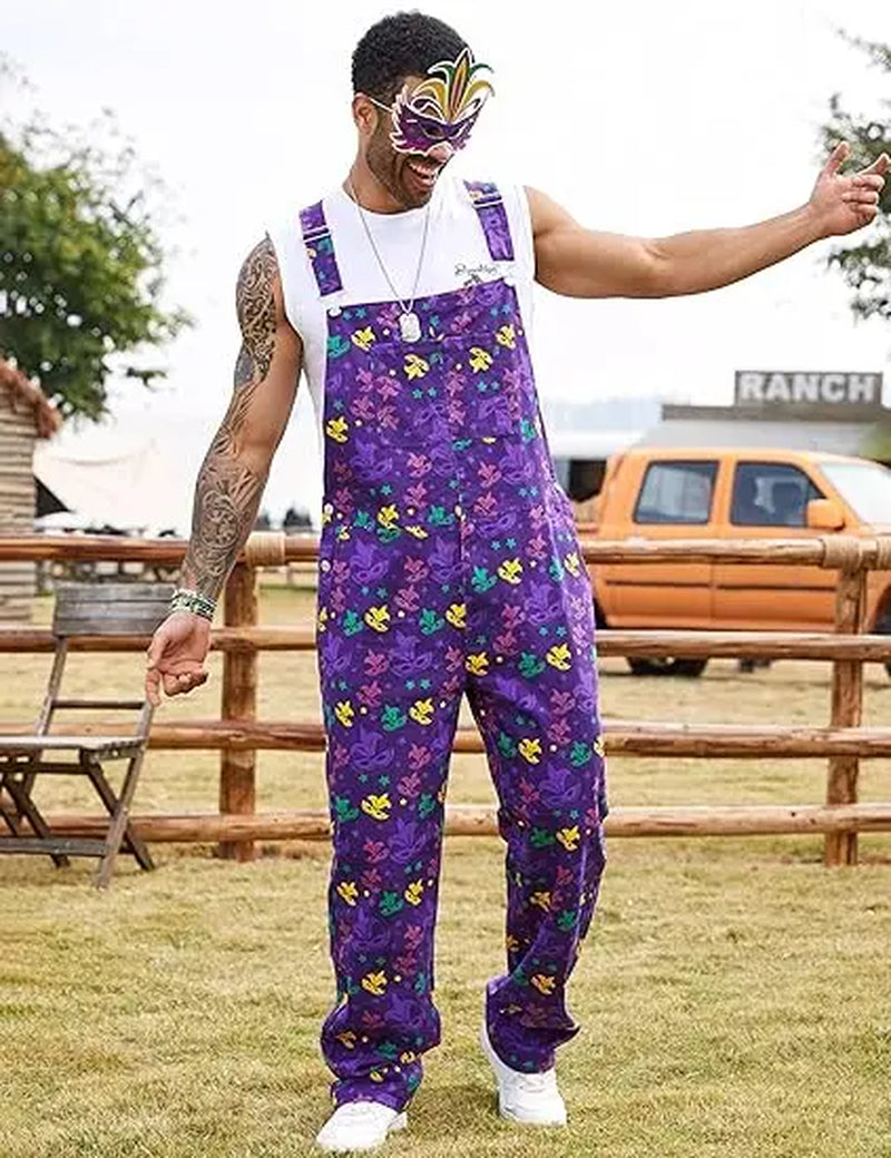 Yuanbang 2026 Spring New Style Men Mardi Gras Overalls Stretch Denim Bibs Work Coveralls Printed Jumpsuits Purple Romper Y2K Festival Outfits Holiday Gifts Menswear