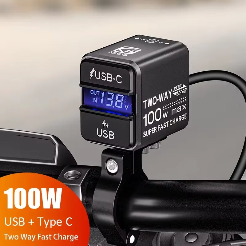 Motorcycle USB Phone Charger 100W Super Fast Emergency Two-Way Charging PD & QC3.0 Moto Battery Charger & Voltmeter for Iphone