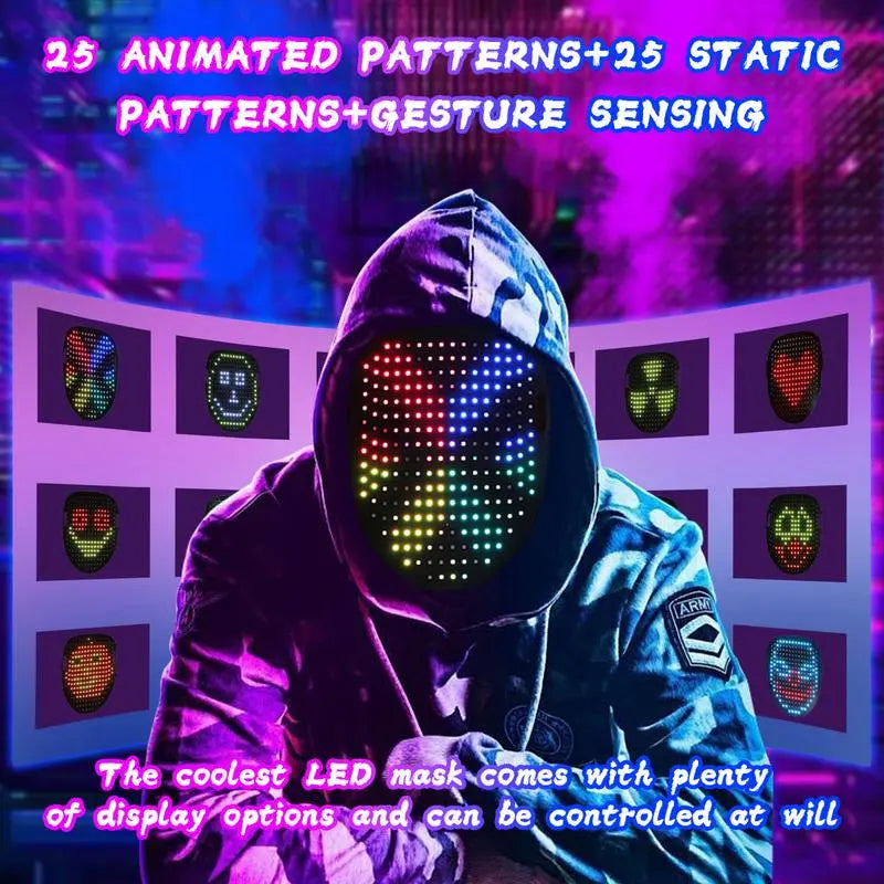 LED Face Mask Gesture Sensing 50 Patterns, Rechargeable LED Glow Mask Changing for Christmas 2025 New Year Rave Party, Light up Face Mask Scary Cool Masks for Adults Unisex Cosplay Festival Gifts