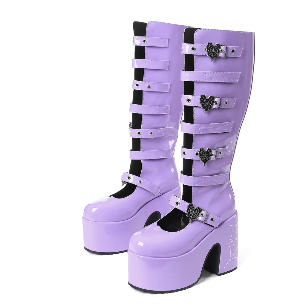 VIMISAOI Womens Platform Knee High Goth Boot round Toe Chunky Block High Heel Metal Buckles Spider Combat Motorcycle Punk Rave Party Fashion Boots
