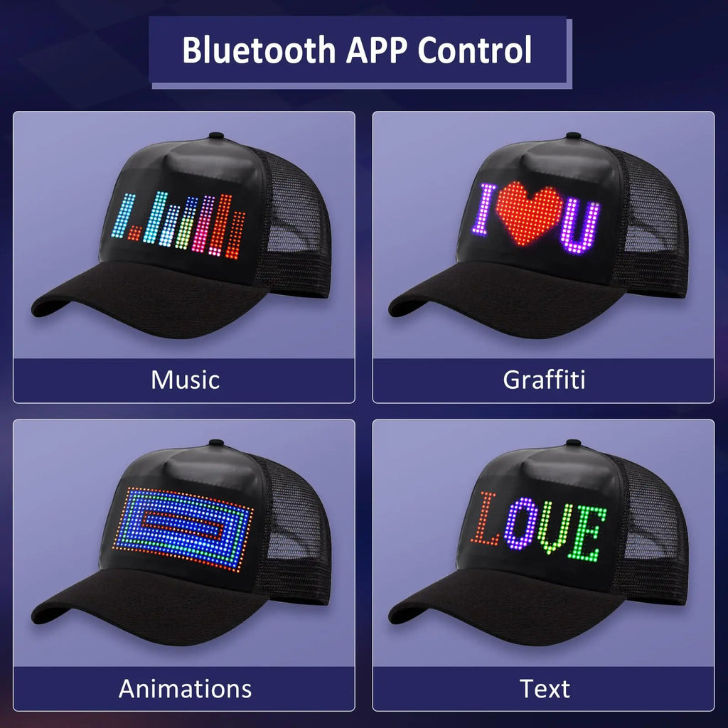 Iledshow Customizable LED Hat Baseball Cap with Bluetooth – Display Your Message in Full Color! 16×32 Bright Perfect for Parties, Events, and Gifts