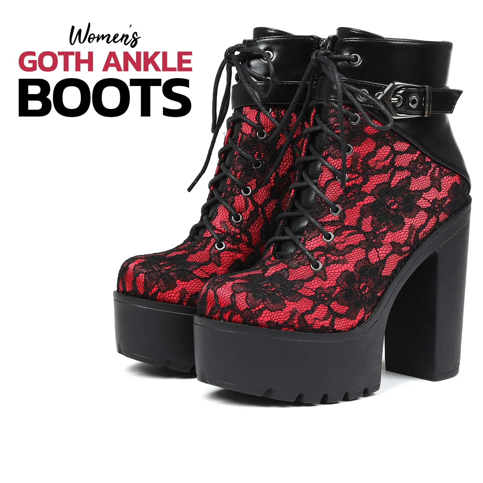 Ankle Boots for Women Platform Goth Boot round Toe Chunky Block High Heel Lace up Side Zipper Metal Buckle Victorian Lace Fashion Date Punk Rave Party Concert Combat Booties