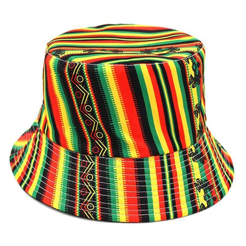 Bohemian Rasta Tribal Jamaican Reggae Hot Trendy Rastafari Reversible Bucket Hat Summer Striped Cotton Silk
