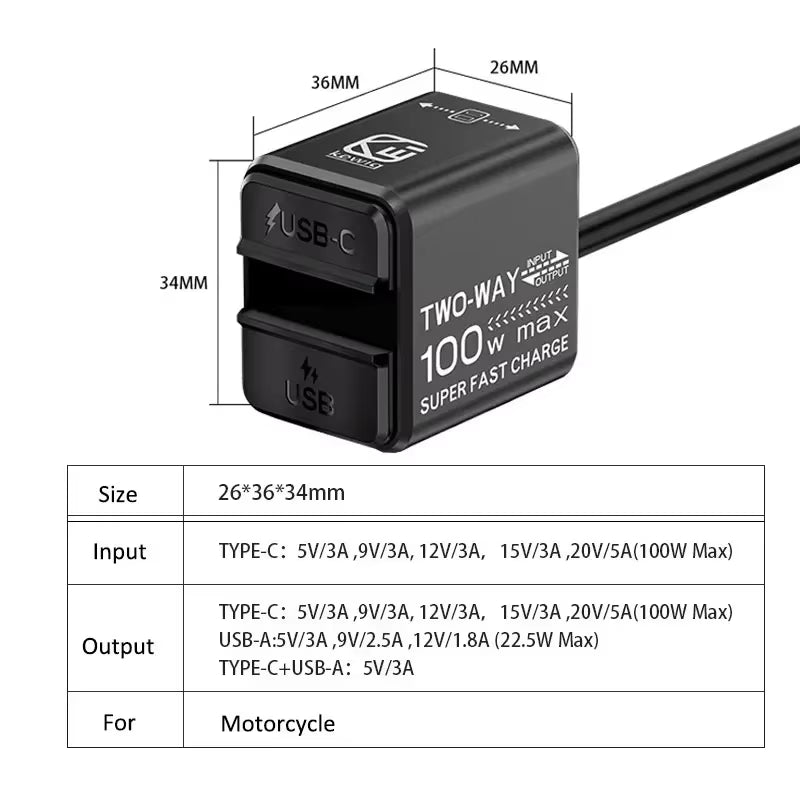 Motorcycle USB Phone Charger 100W Super Fast Emergency Two-Way Charging PD & QC3.0 Moto Battery Charger & Voltmeter for Iphone
