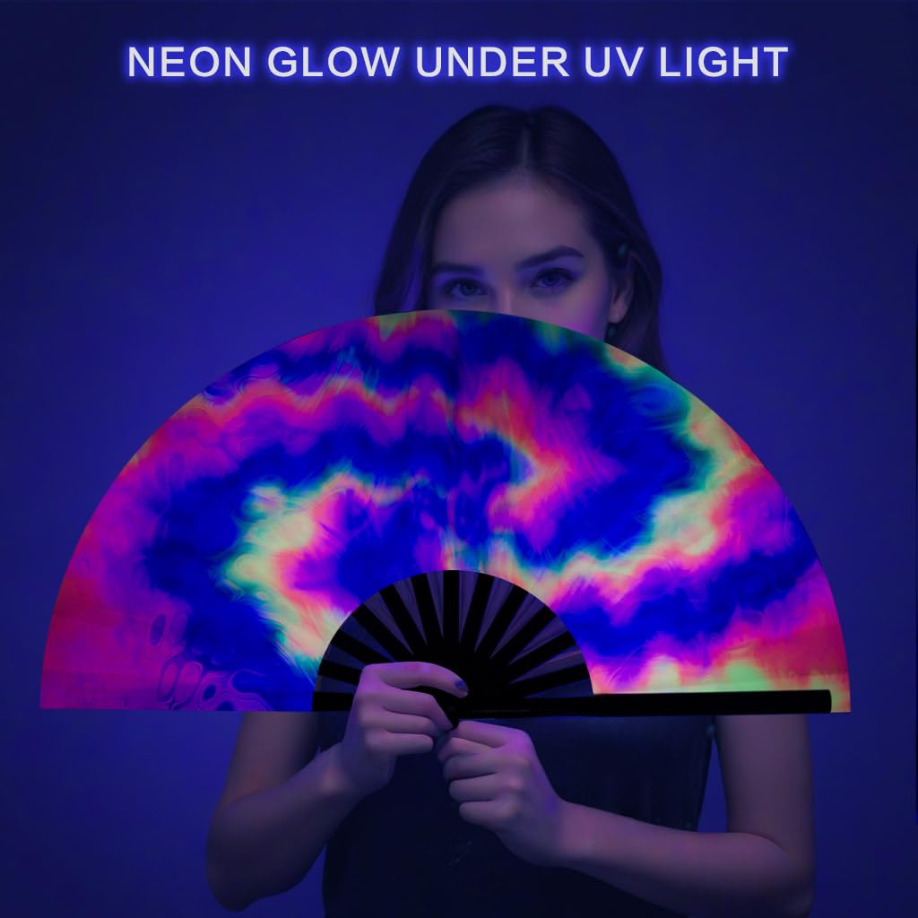Ravevibes 13" Large Rave Fan Folding Hand Fan, Bamboo Festival Clack Fan Foldable UV Glow Edm Fans For Rave Outfits Accessories Performance Dance Party For Men Women, Alien