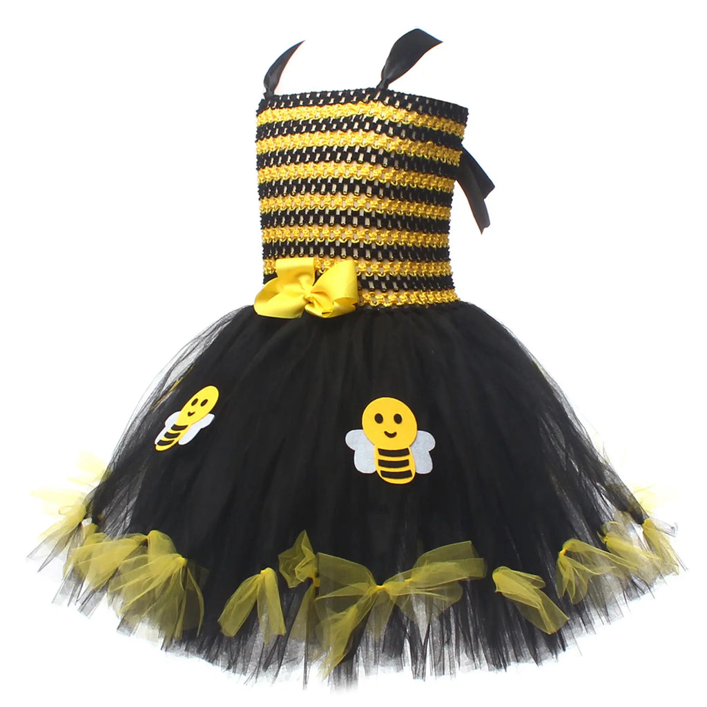 Toddler Kids Girls Halloween Cosplay Bee Costume Sleeveless Tulle Dress Headband Leg Warmers Wand Wing Sets for Rave Cosplay Party