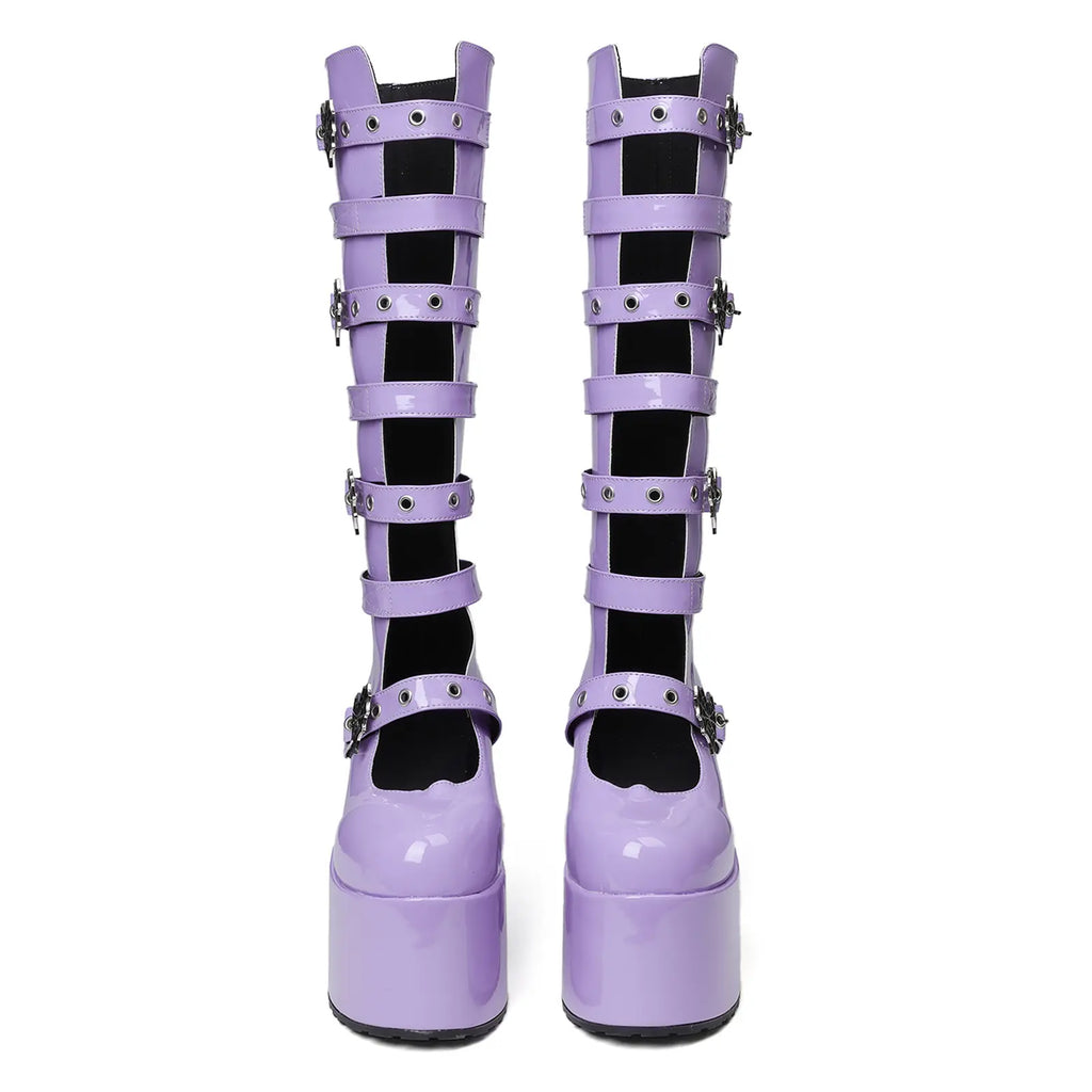 VIMISAOI Womens Platform Knee High Goth Boot round Toe Chunky Block High Heel Metal Buckles Spider Combat Motorcycle Punk Rave Party Fashion Boots