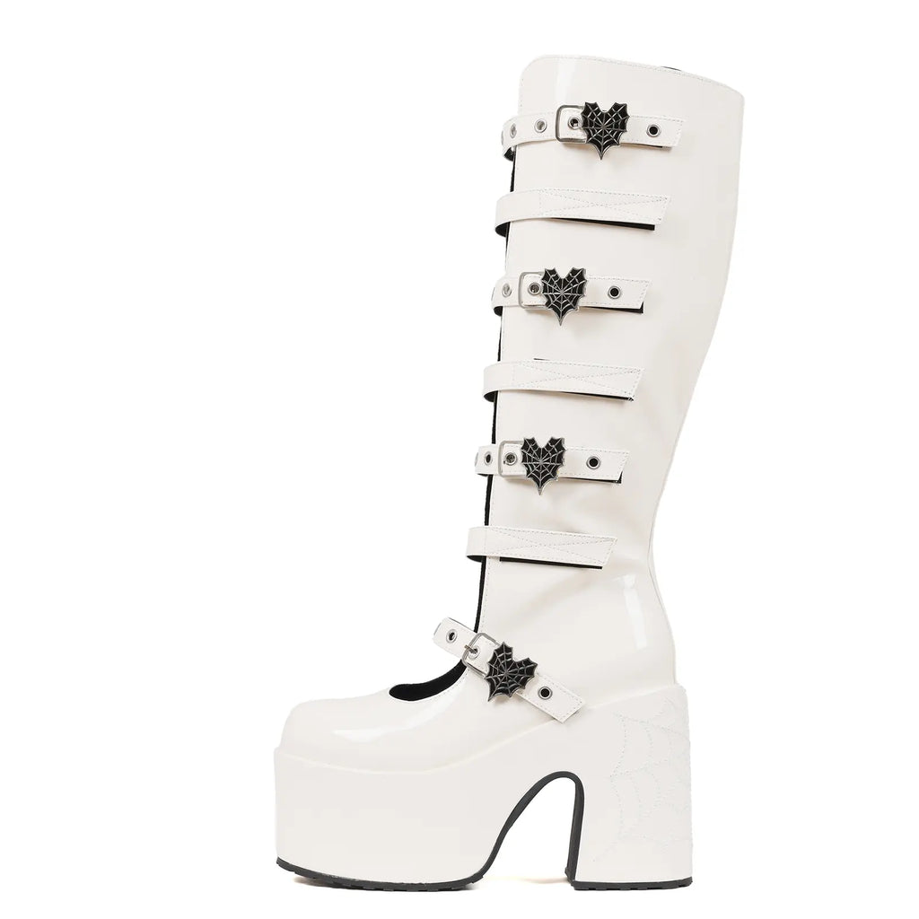 VIMISAOI Womens Platform Knee High Goth Boot round Toe Chunky Block High Heel Metal Buckles Spider Combat Motorcycle Punk Rave Party Fashion Boots