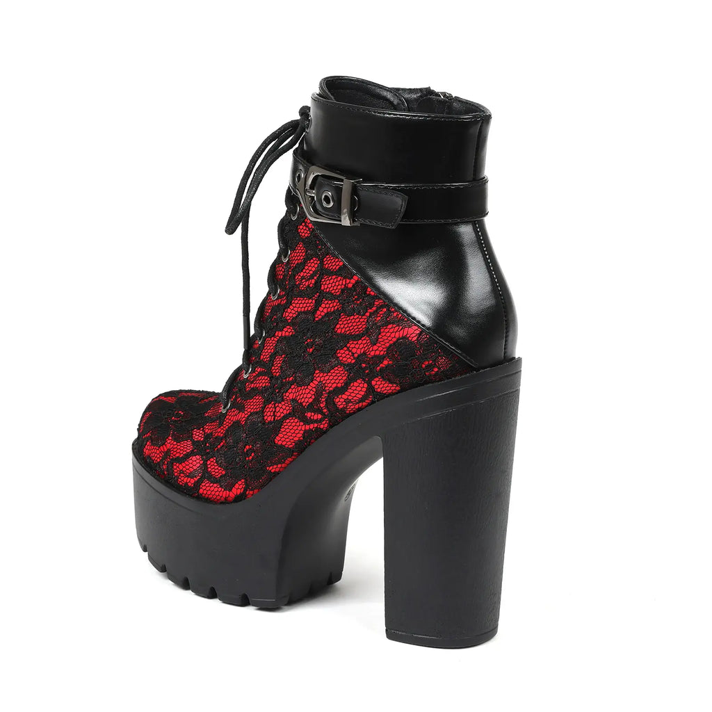Ankle Boots for Women Platform Goth Boot round Toe Chunky Block High Heel Lace up Side Zipper Metal Buckle Victorian Lace Fashion Date Punk Rave Party Concert Combat Booties