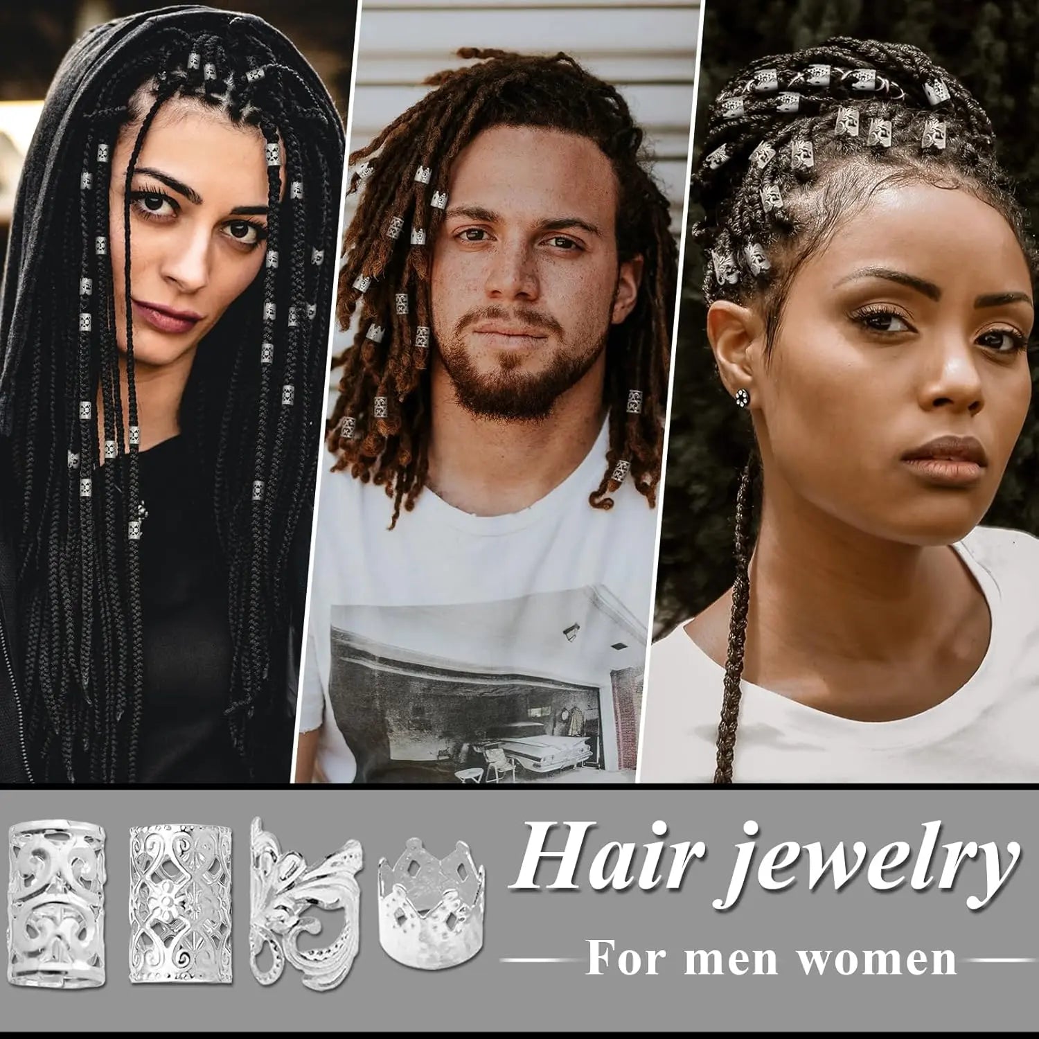 260 Pcs Hair Jewelry for Braids,Hair Beads Accessories for Dreadlock,Metal Hair Clips Cuffs Rings,Loc Rave Hair Charm Decorations Adjustable Kits for Men Women Silver