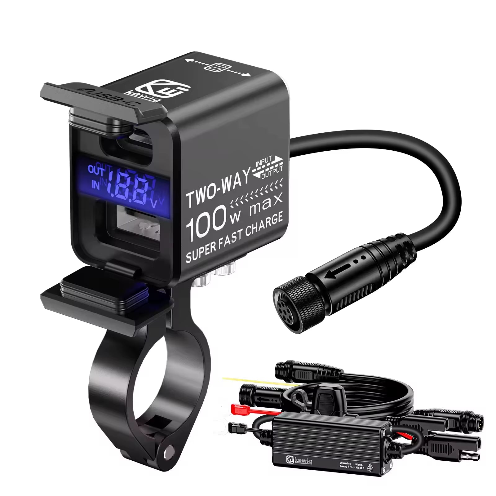 Motorcycle Phone Tablet USB Charger 100W Super Fast Emergency Two-Way Charging PD & QC3.0 Moto Battery Charger & Voltmeter