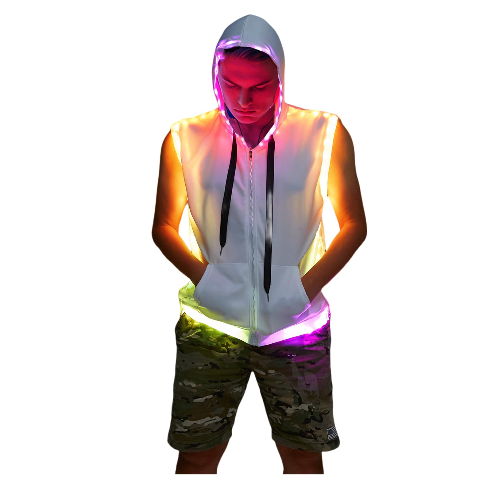 Men White Hooded Tank LED Light Up Sync Burning Man Rave Tops Night Club Show for Halloween Dance Party