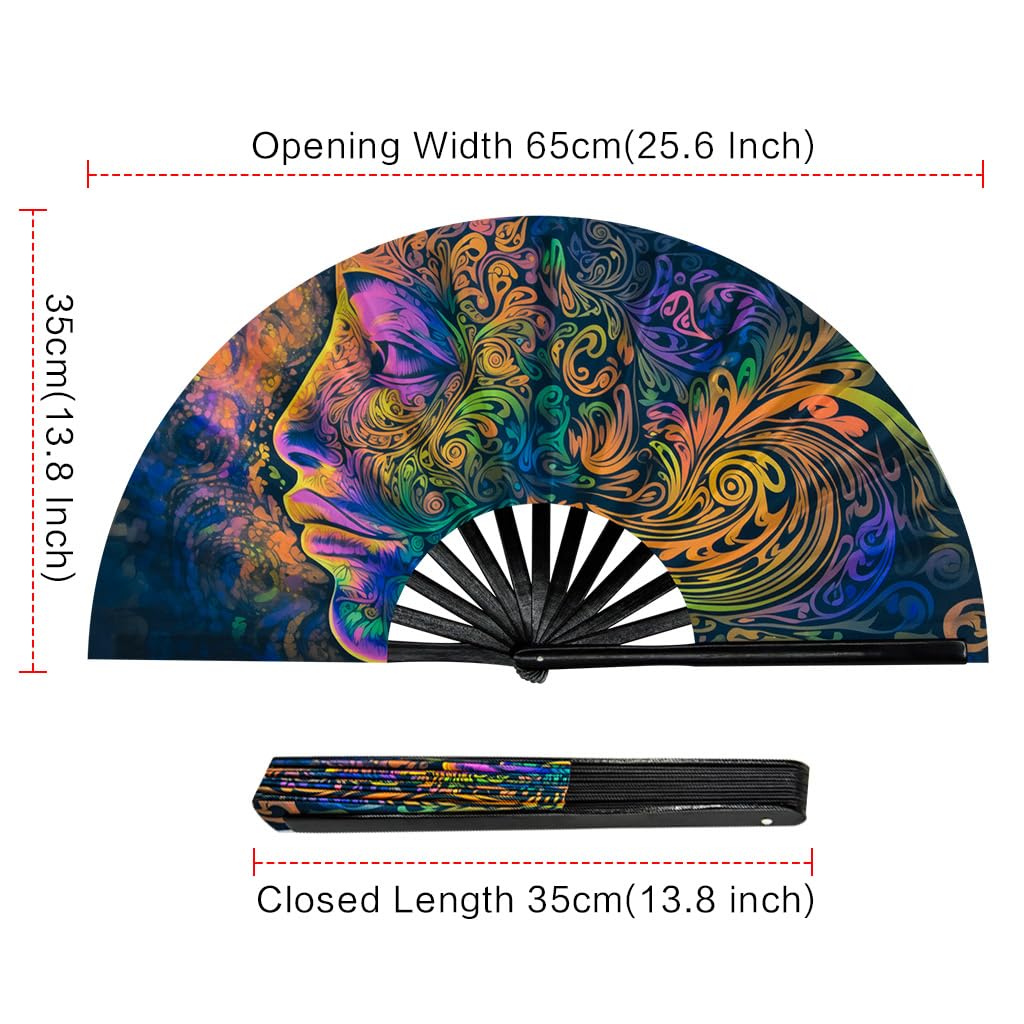 Ravevibes 13" Large Rave Fan Folding Hand Fan, Bamboo Festival Clack Fan Foldable UV Glow Edm Fans For Rave Outfits Accessories Performance Dance Party For Men Women, Alien