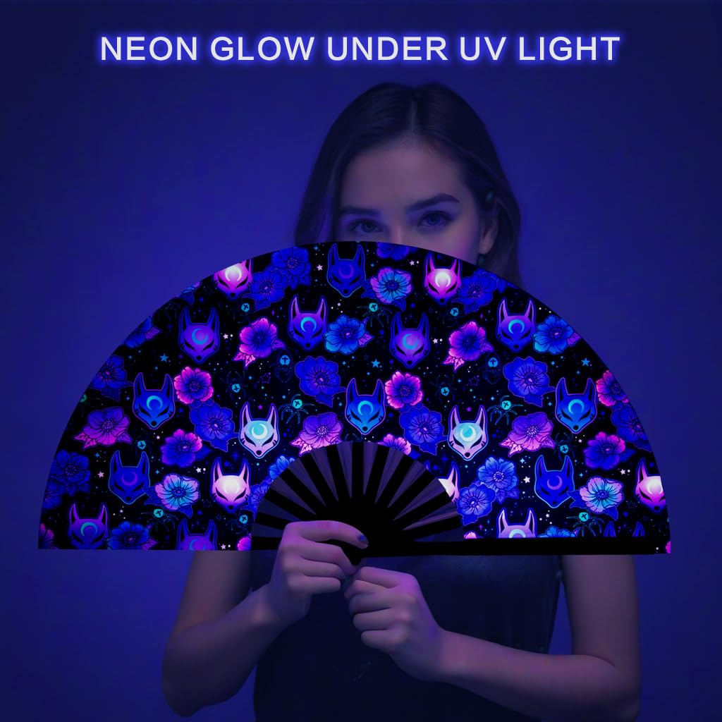Ravevibes 13" Large Rave Fan Folding Hand Fan, Bamboo Festival Clack Fan Foldable UV Glow Edm Fans For Rave Outfits Accessories Performance Dance Party For Men Women, Alien